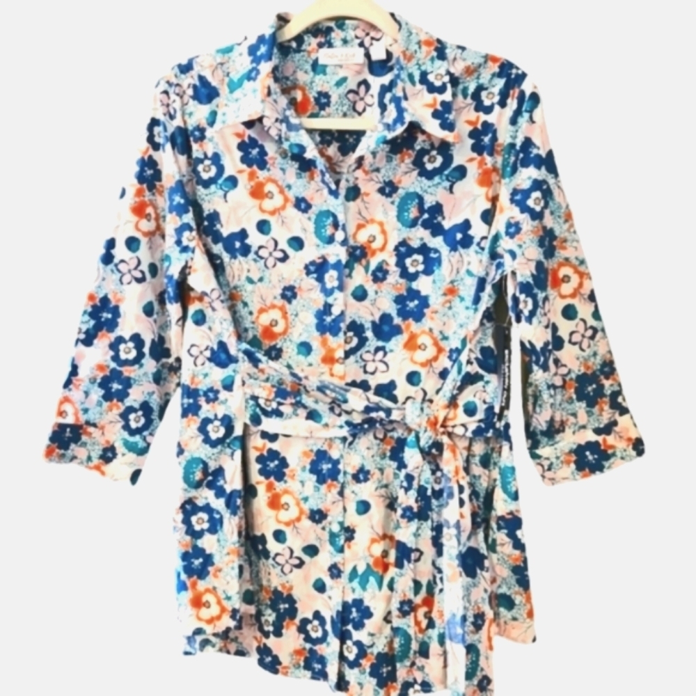NEW! FLUTTER & KICK Floral Maternity Tie Waist Buttondown Shirt Large.